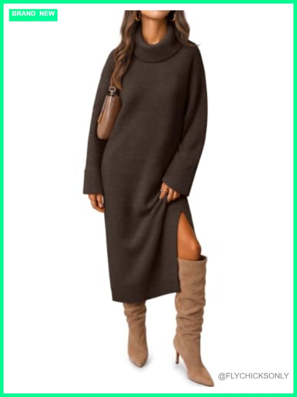 Women's Turtleneck Oversized Chunky Knit Sweater Dress Long Sleeve Midi